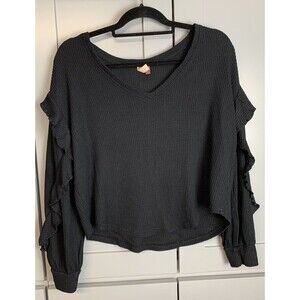 Pilcro Womens  Sweater Medium Black Ruffle Arms Waffle Knit Bohemian V Neck Boho